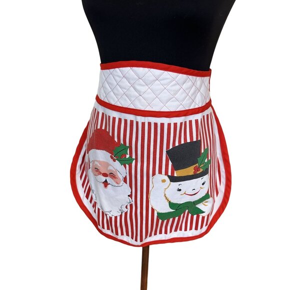 Vintage 1950s Christmas Apron Santa & Snowman Graphics Retro Kitchen Womens - Picture 1 of 9